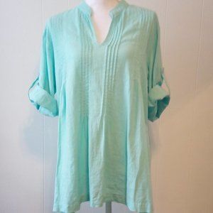 Pure Amici - Linen Blend Pastel Green Roll Tab Sleeve Tunic  - Size: Large